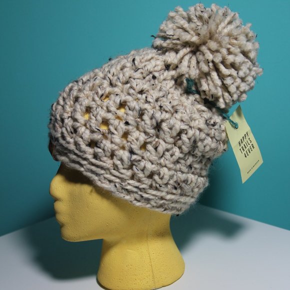 Crochet Slouchy Beanie Hand Crafted Oatmeal Cookies and Cream Huge Pom Pom - Picture 4 of 9